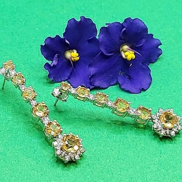 Natural Yellow Citrine 6mm & Cz 925 Sterling Silver‎ Earrings - Picture 2 of 7